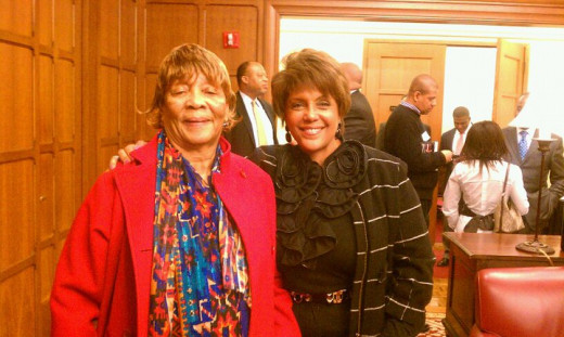 Linda Johnson rice pictured with this author's grandma, Emma Lewis at the University of Chicago Booth Gleacher Center as both this author and Mrs. Rice were honored during Black History Month for entrepreneurship.