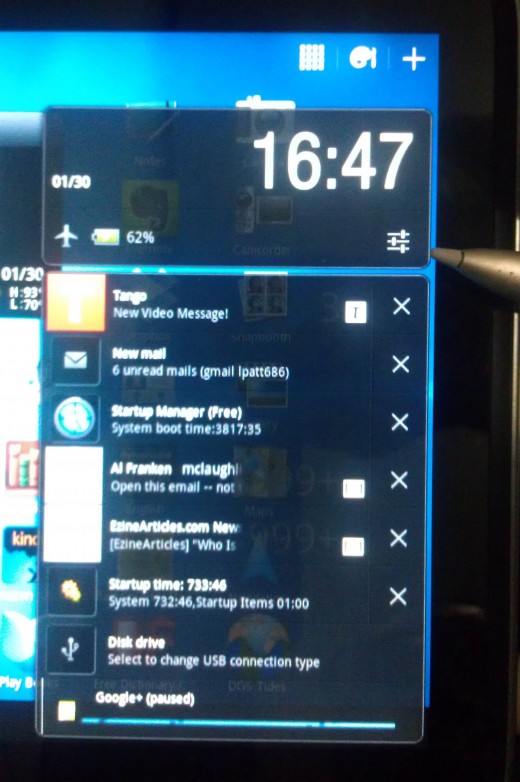 This is the first screen that pops up when you press the icons in the lower right hand part of the screen.  Press the icon shown by the point of the scribe pen to access WiFi and Airplane Mode settings.  Below are notifications.