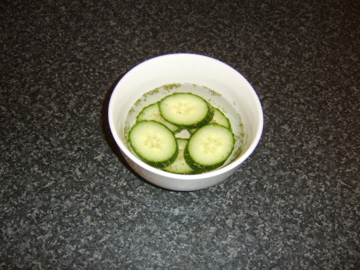 Cucumber is pickled in white wine vinegar and dill