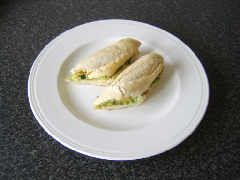 Cucumber salsa, mashed avocado and Mexicana cheese in a freshly baked baguette