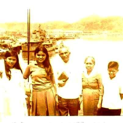 In the pic: my younger sister Leah (13), Me (15), Dad (62), Mom (60), our youngest brother Junior (11)...we were on the ship going to Masbate. We were a missionary family under International Missionary Society; my Dad was a Church Minister of SDARM (