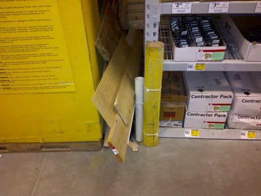 Scraps of wood behind the saw at a large home improvement store.  You could probably get these for cheap or even free!