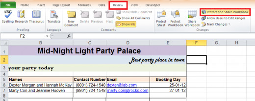 Selecting protect and share workbook from Review toolbar