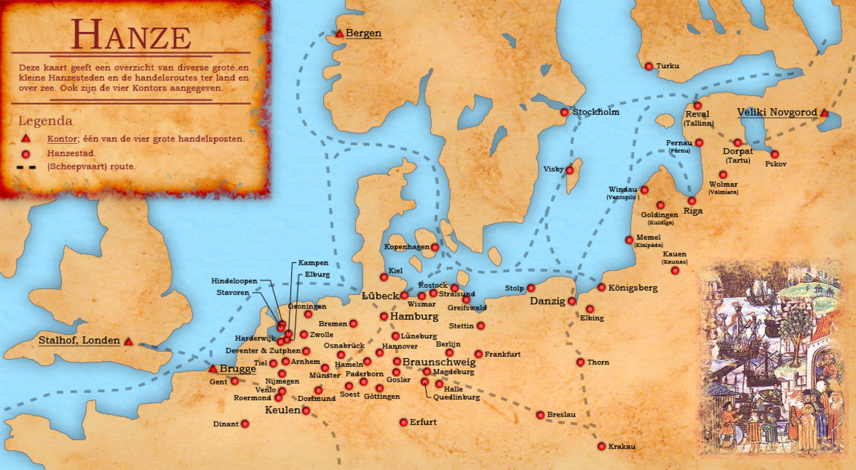 A map including members and trading stations of the Hanse.