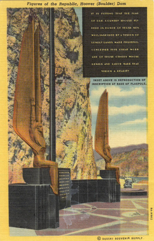 Beautiful Bronze Art Deco figures facing Hoover Dam, *Note that at the top of the postcard the dam is Hoover with Boulder too