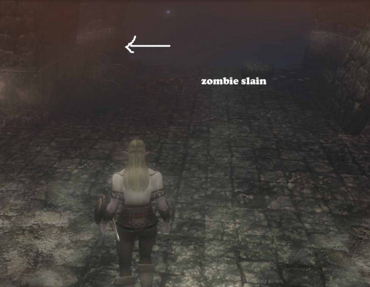 Descend the stairs to the left of the solitary zombie and continue your journey deeper into Caligrase Sewers