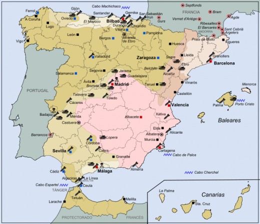 This is a general map charting the progress of the Spanish civil war. The darker colours show the Nationalist advances at the start of the war, while the lighter colours denote their advances at the end of the war.