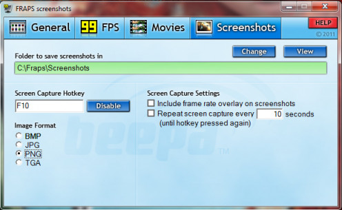 Screenshots Menu in Fraps