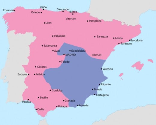 A political map showing the  iareas controlled by both sides in February 1939. The pink area is Nationalist territory, blue is Republican..