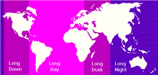 This map indicates what parts of the world will be in light or darkness during rotation stoppage.