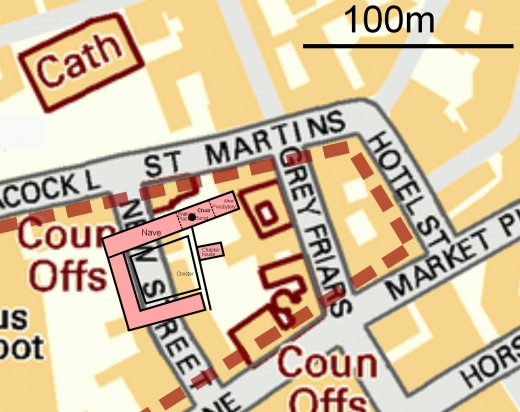 Leicester Greyfriars Church site map. Map is OSGB36 with the Church Choir suggested to be at SK58550438. The dotted brown line indicates the area Billson, 1920, identified as the extent of the Greyfriars grounds. The University of Leicester 2012 dig