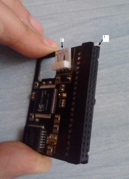 Adapter connectors: 1 = IDE connector, 2 = power connector
