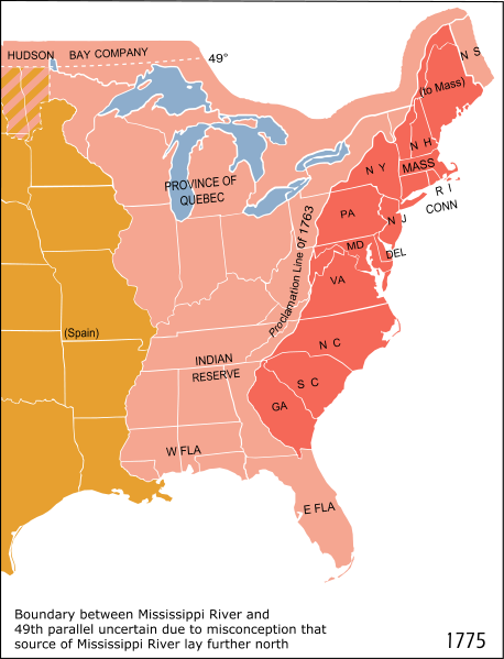 The thirteen colours are depicted as red, while the pink denotes areas the British claimed authority over, while the orange area belonged to Spain.