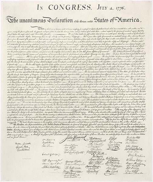 A copy of the US Declaration of Independence signed on the 4th July, including John Hancock's famous signature.
