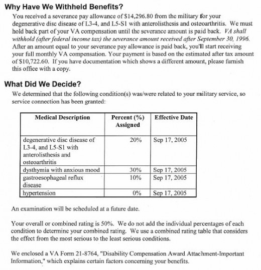 Excerpt from Award Letter 1/6/06