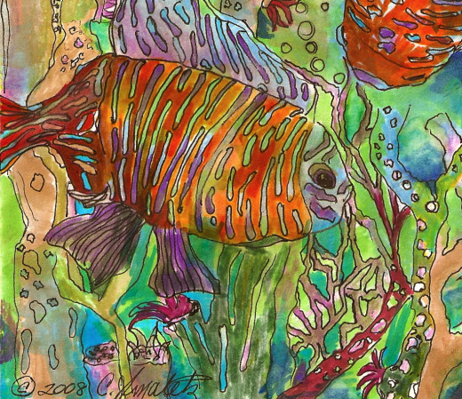 This  picture ("Dream Garden for a Couple of Fish") was done with Blick Art Markers, Prismacolor Art Markers, and color pencils.