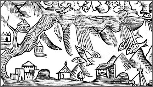 16th Century engraving created to show raining fish.This has been known to happen from India to California to England!