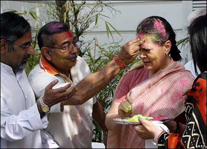 Congress Leader Mrs. Soniya Gandhi on a celebration mood in New Delhi with her party leaders.