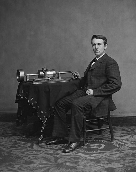 Thomas Edison with his invention, the phonograph. 