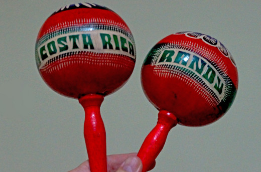 My own personalized maracas made in Masaya, Nicaragua.  Got rhythm, anyone?  On the way to the beaches you can see many jicote trees, which produce the round fruit used to make these.