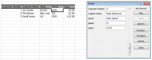 Example of a Simple Form created and configured in Excel 2007 and Excel 2010.