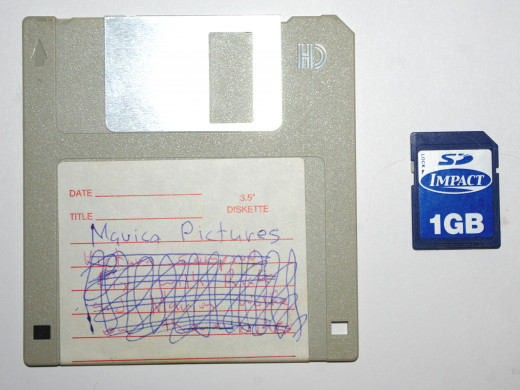 A 3.5" floppy next to  SD card.