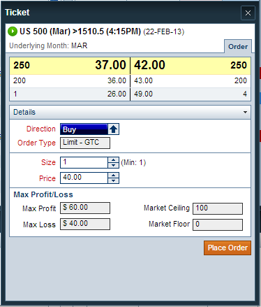 Orders for NADEX binary options include strike price, bid/ask, direction, order type and max profit/loss.