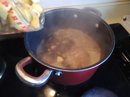 add diced potatoes, turn down heat to a simmer, and let cook 10 minutes--and NO longer (else taters turn mushy)