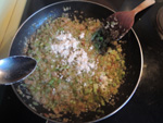 Saute until transclucent. Then, add 1-2 TBSP. flour, coat veggie evenly, and cook until you smell a warm bread-like smell--- also equates to a couple of minutes.