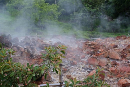 A steam vent along the west flank of Miravalles Volcano.  This site is located near three popular hot springs resorts mentioned below, and is accessible through the Guayacan resort.  It is about 700 meters from where the first photo was taken.