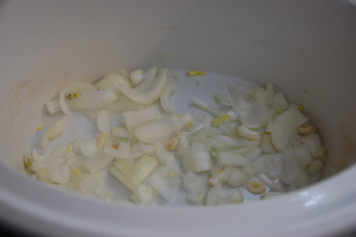 rough chopped onions and two cloves of garlic