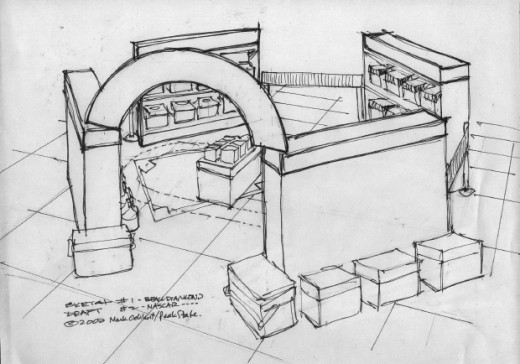 This drawing of an in-store display area had to be imagined or seen in the artist's imagination before it could be drawn on paper.