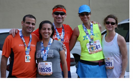 This team is celebratng a great run in the Miami Marathon.
