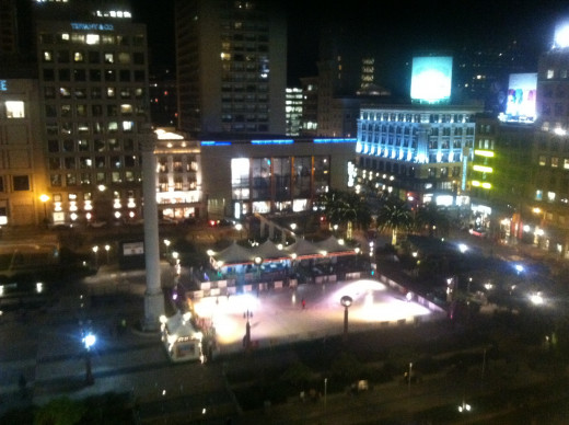 View of Union Square and its skating rink from Cheesecake Factory balcony