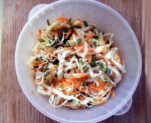 dry slaw. Add wet ingredients, including gastrique, stir