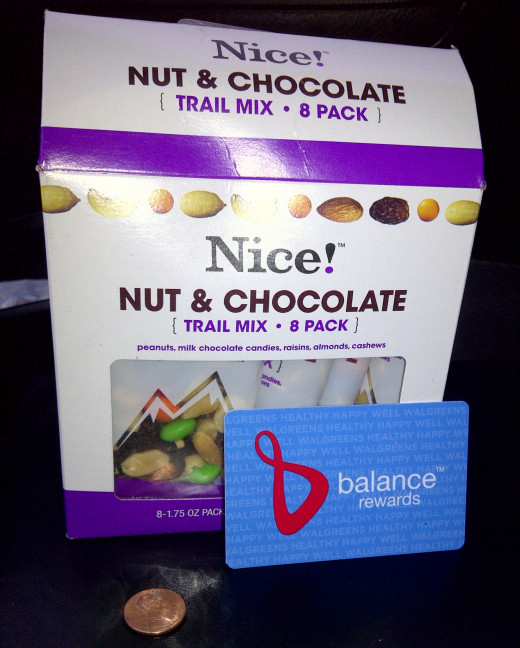 Walgreens Balance Rewards card and Nice! brand trail mix