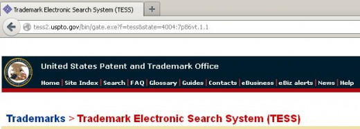 Screenshot of U.S. Patent and Trademark Website's trademark inquiry page