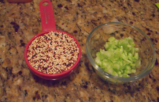 Measure 1/2 cup quinoa. Chop 1/4 cup celery