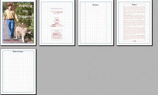 PagePlus working cover and four of the "front" pages of the E-book in progress. The text frames were placed by the writer and filled with word processor file text. "Foreword" and "Contents" are still empty