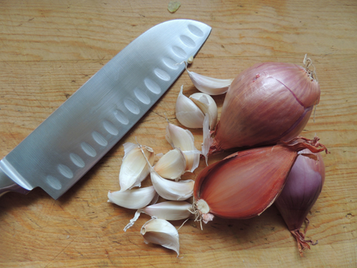 gather shallots & garlics. dice.