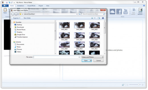 Choosing files from within Movie Maker.