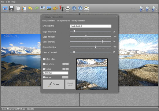 FotoSketcher full working screen. Original photo is on the left. Rendered art is on the right. Task panel is in the center with progress frame showing in the lower part of the panel.
