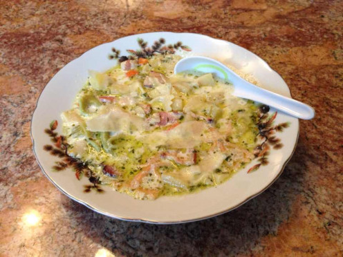 Potato and Bacon Soup with Tri-Color Farfalle and Other Veggies