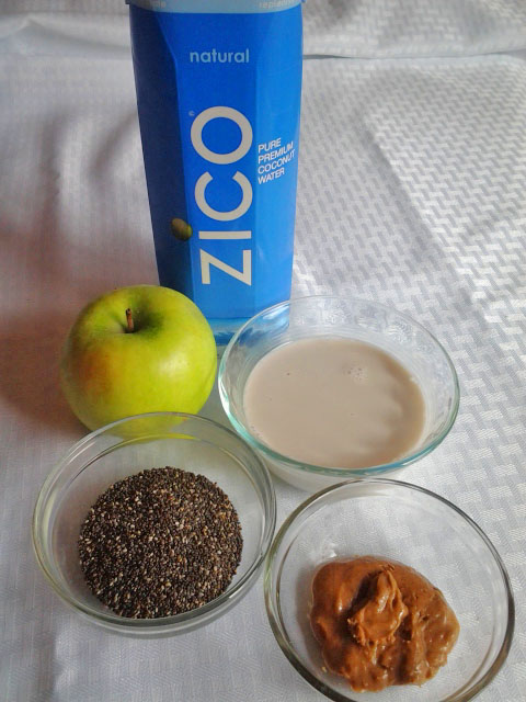 Coconut water, green apple, seeds, almond milk and almond butter