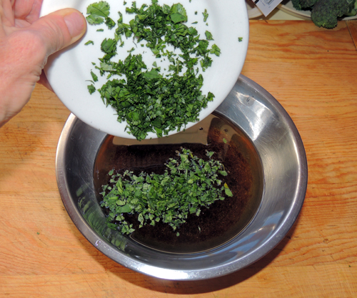 cilantro to bowl - stir vigorously, funnel into....