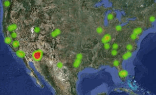 UFO Heat Map (produced at sightingsreport.com) displaying sightings concentrations for January 14-16, 2013.