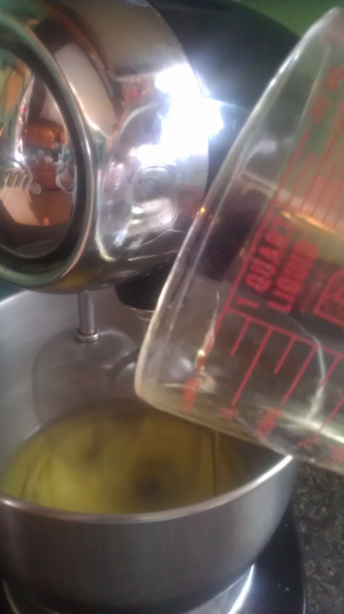 Slowly add the oil to your egg mixture!