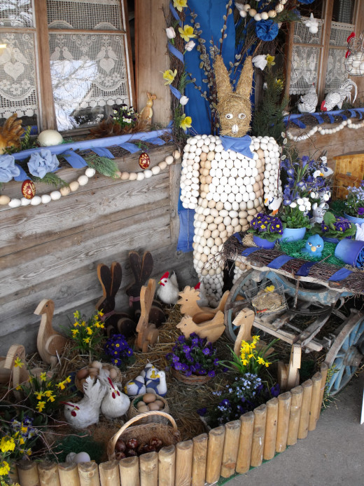 The Easter Bunny consists of hundreds of blown out egg shells glued to a body made of hay.