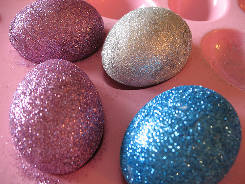 Blue, pink and silver Glitter Easter Eggs in Pink Bunny Egg Holder