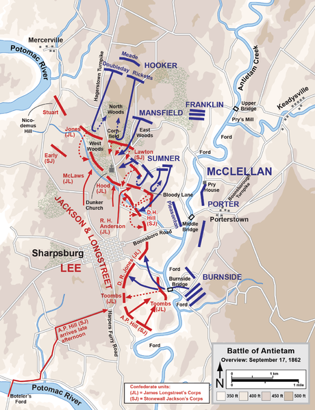 An overview of the battlefield dispositions. Once again the Confederacy are in red, with the Union in blue.